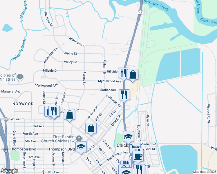 map of restaurants, bars, coffee shops, grocery stores, and more near 114 Sutherland Drive in Chickasaw