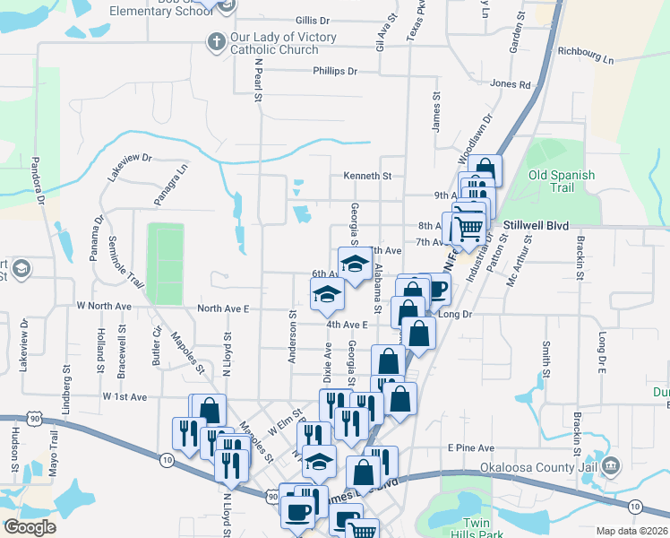 map of restaurants, bars, coffee shops, grocery stores, and more near 602 Dixie Street in Crestview