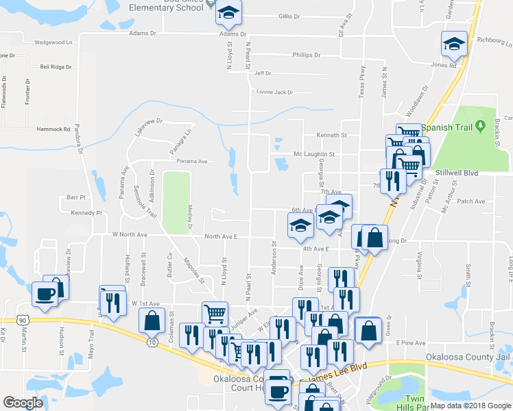 map of restaurants, bars, coffee shops, grocery stores, and more near 1601 North Pearl Street in Crestview