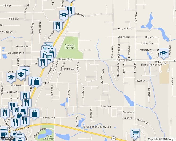 map of restaurants, bars, coffee shops, grocery stores, and more near 100 Brentwood Lane in Crestview