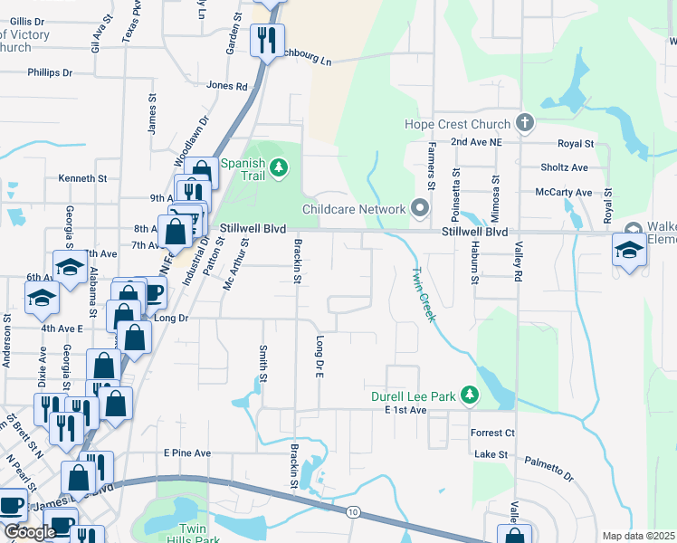 map of restaurants, bars, coffee shops, grocery stores, and more near 100 Brentwood Lane in Crestview
