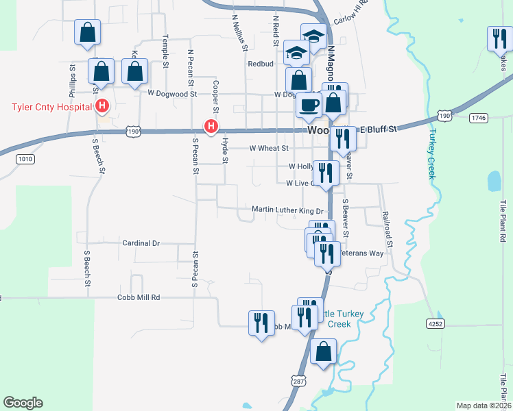 map of restaurants, bars, coffee shops, grocery stores, and more near 303 Martin Luther King in Woodville