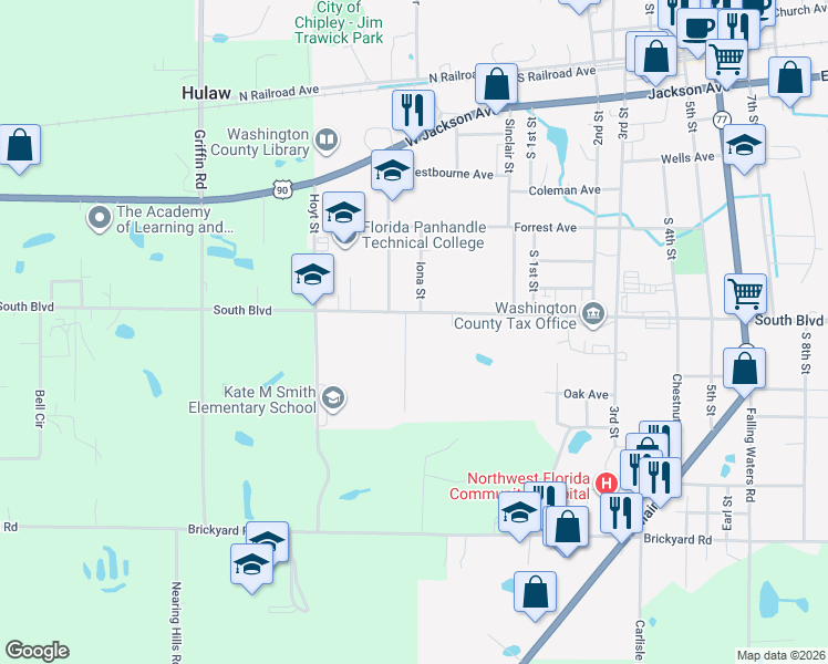 map of restaurants, bars, coffee shops, grocery stores, and more near 813 Maple St in Chipley