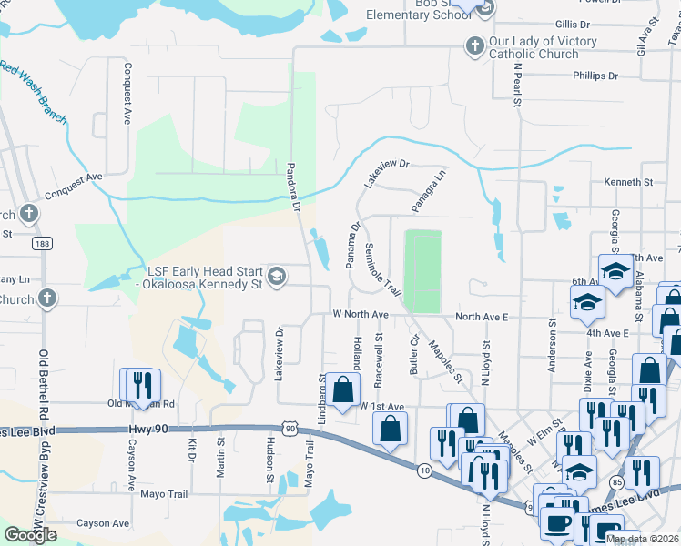 map of restaurants, bars, coffee shops, grocery stores, and more near 237 Panama Drive in Crestview