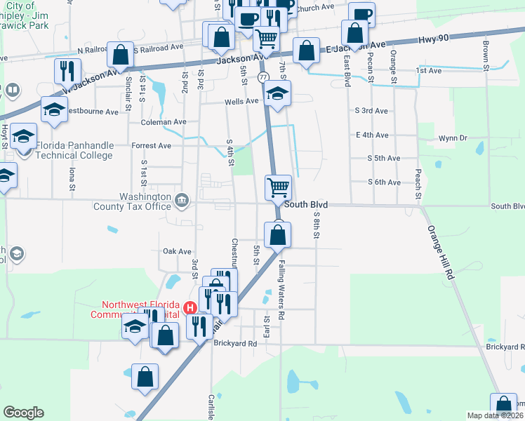 map of restaurants, bars, coffee shops, grocery stores, and more near 822 5th St in Chipley