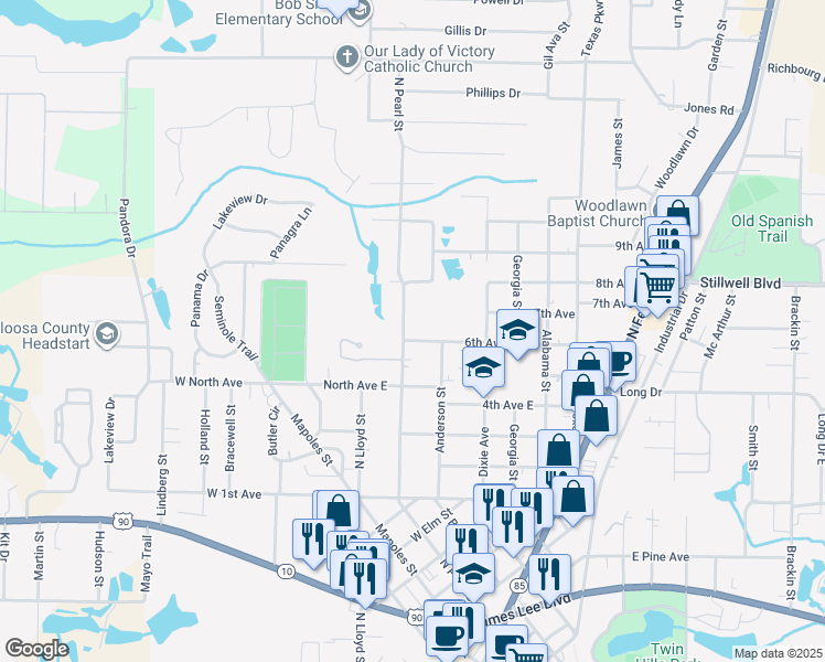 map of restaurants, bars, coffee shops, grocery stores, and more near 1619 North Pearl Street in Crestview