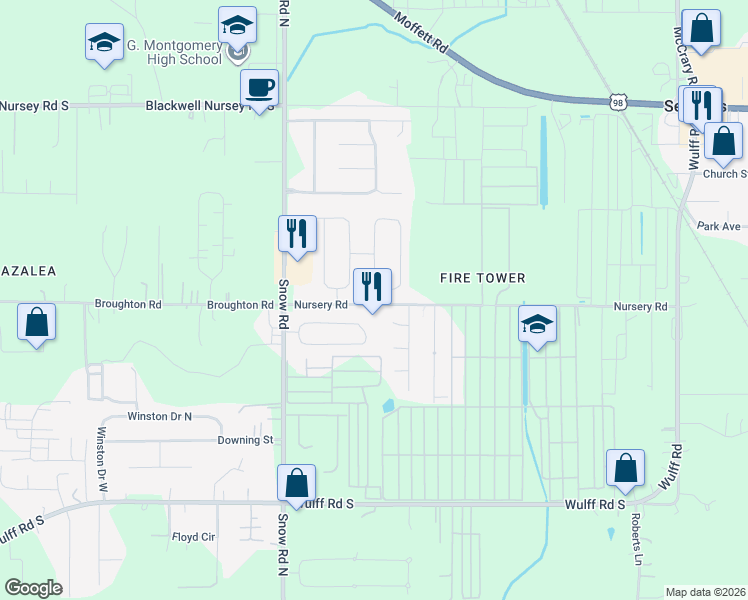 map of restaurants, bars, coffee shops, grocery stores, and more near Somers Court in Semmes