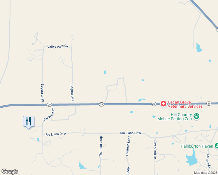 map of restaurants, bars, coffee shops, grocery stores, and more near 200 Segura Lane East in Llano