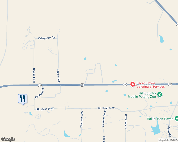 map of restaurants, bars, coffee shops, grocery stores, and more near 200 Segura Lane East in Llano