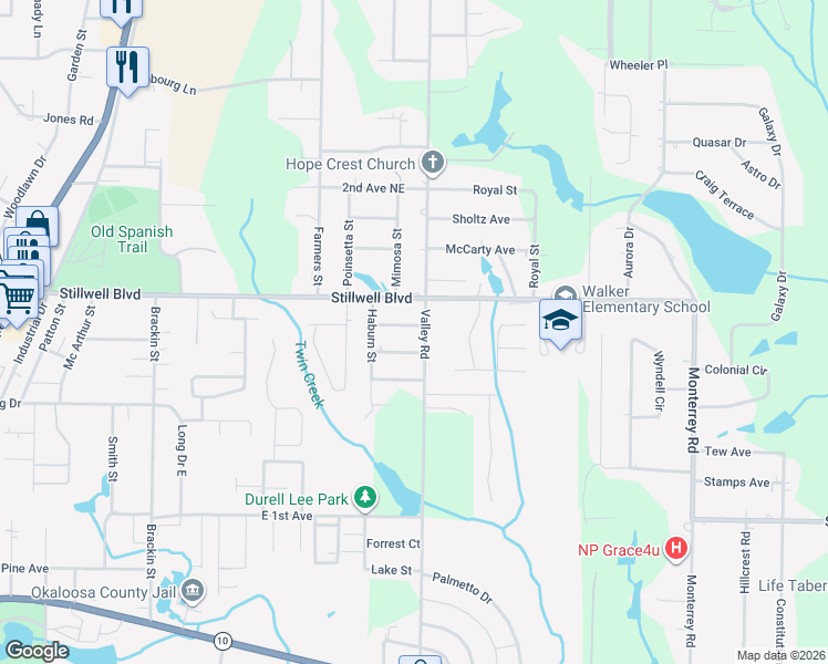 map of restaurants, bars, coffee shops, grocery stores, and more near 510 Stillwell Boulevard in Crestview