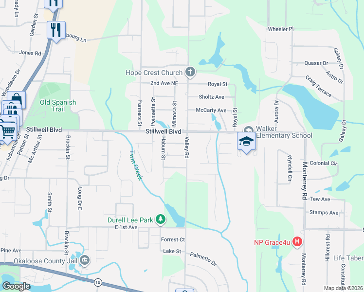 map of restaurants, bars, coffee shops, grocery stores, and more near 510 Stillwell Boulevard in Crestview