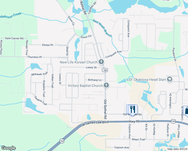 map of restaurants, bars, coffee shops, grocery stores, and more near 114 Springwood Circle in Crestview