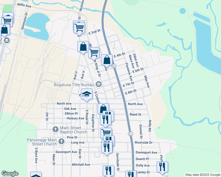 map of restaurants, bars, coffee shops, grocery stores, and more near 613 2nd Avenue in Bogalusa
