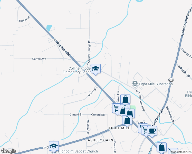 map of restaurants, bars, coffee shops, grocery stores, and more near 5110 Saint Stephens Road in Prichard