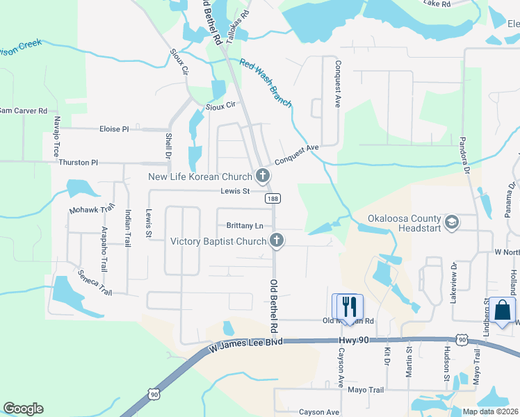 map of restaurants, bars, coffee shops, grocery stores, and more near 105 Springwood Circle in Crestview