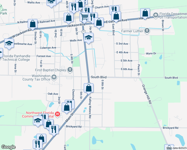 map of restaurants, bars, coffee shops, grocery stores, and more near 1240 South Boulevard in Chipley