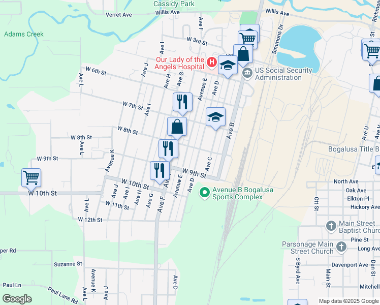 map of restaurants, bars, coffee shops, grocery stores, and more near 802 Avenue East in Bogalusa