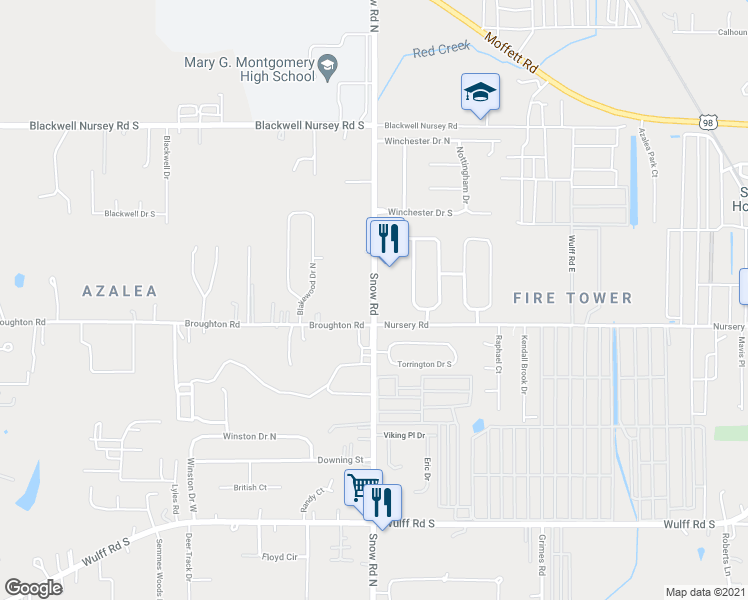 map of restaurants, bars, coffee shops, grocery stores, and more near 3879 Snow Road in Semmes
