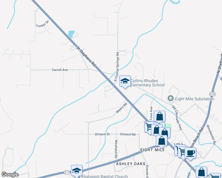 map of restaurants, bars, coffee shops, grocery stores, and more near 5110 Saint Stephens Road in Prichard