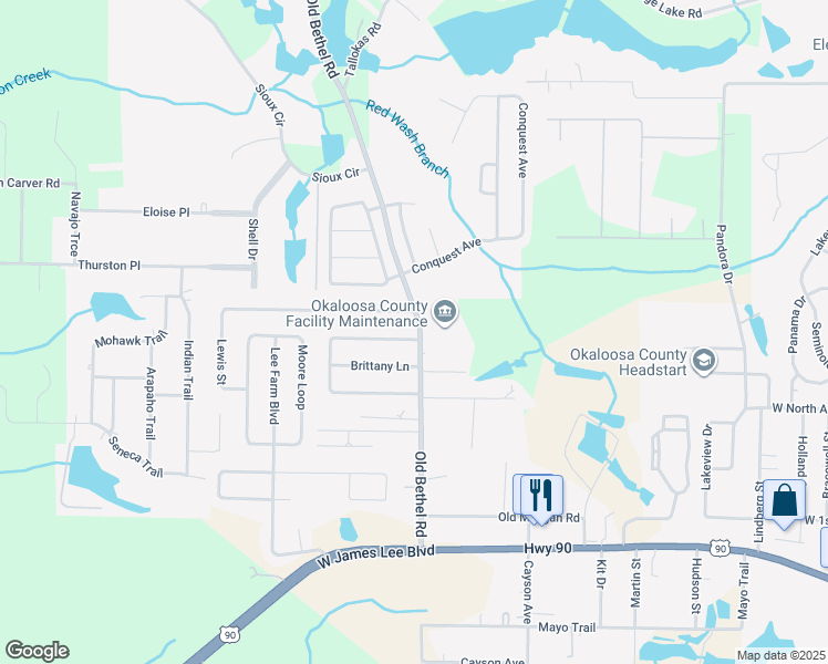 map of restaurants, bars, coffee shops, grocery stores, and more near 102 Springwood Circle in Crestview