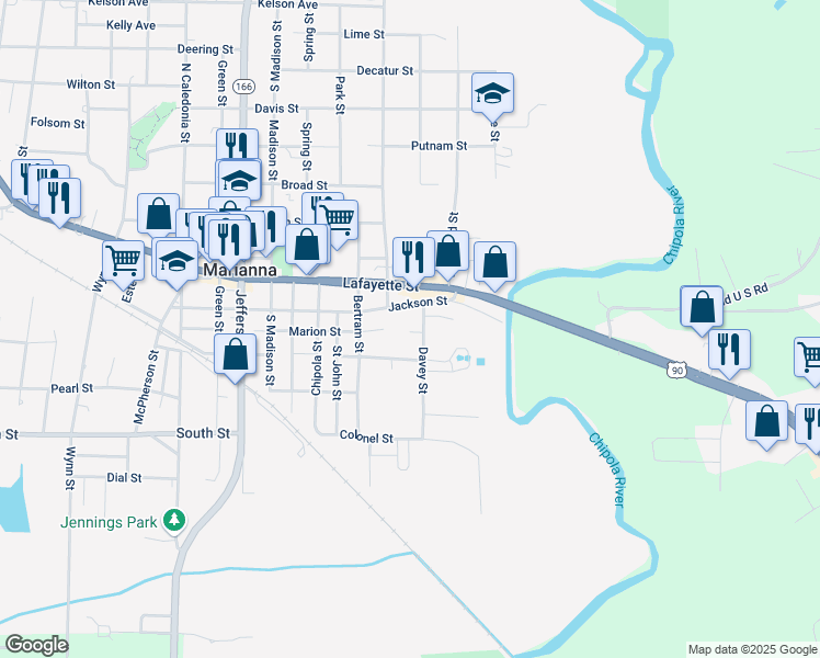 map of restaurants, bars, coffee shops, grocery stores, and more near 4471 Marion Street in Marianna