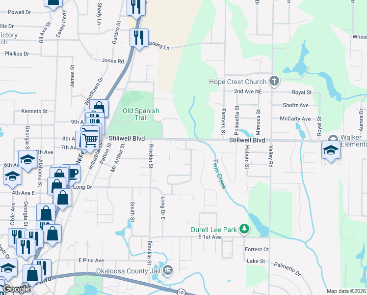 map of restaurants, bars, coffee shops, grocery stores, and more near 109 McNair Drive in Crestview