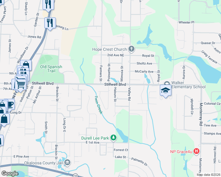 map of restaurants, bars, coffee shops, grocery stores, and more near 502 Hyde Park Drive in Crestview
