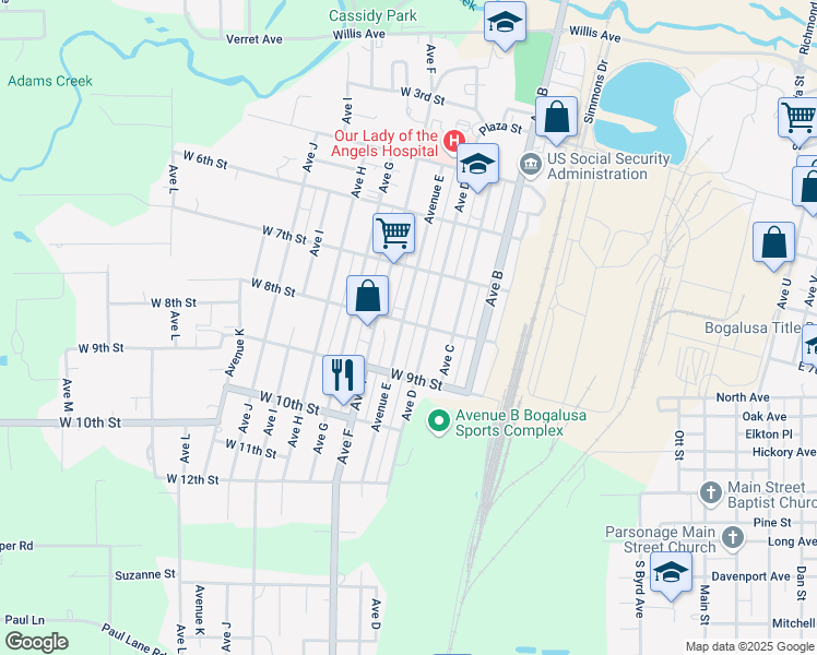 map of restaurants, bars, coffee shops, grocery stores, and more near 802 Avenue East in Bogalusa