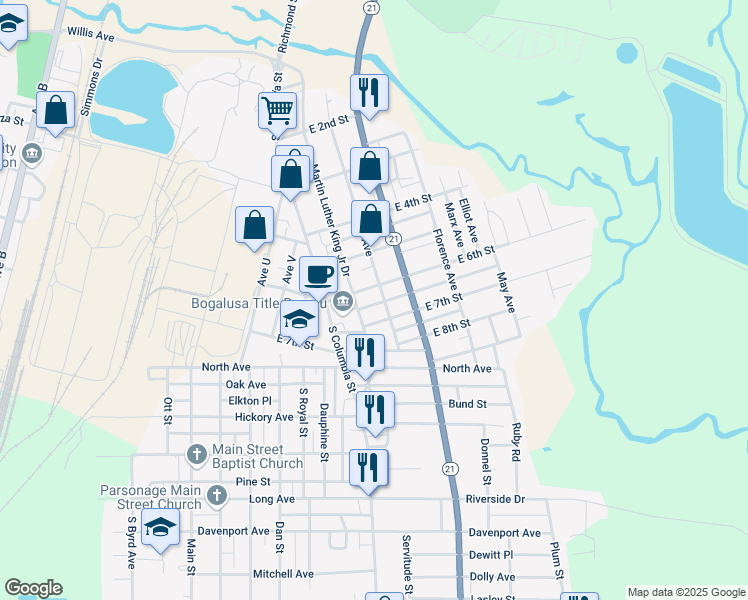map of restaurants, bars, coffee shops, grocery stores, and more near 613 2nd Avenue in Bogalusa