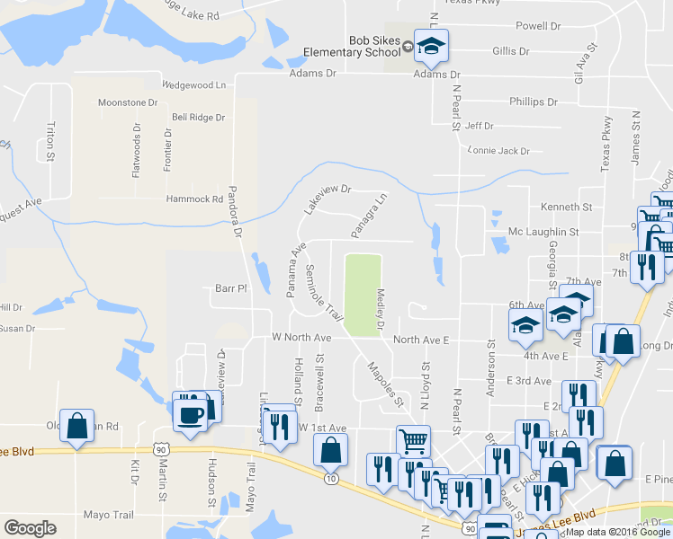 map of restaurants, bars, coffee shops, grocery stores, and more near 153 Adkinson Drive in Crestview