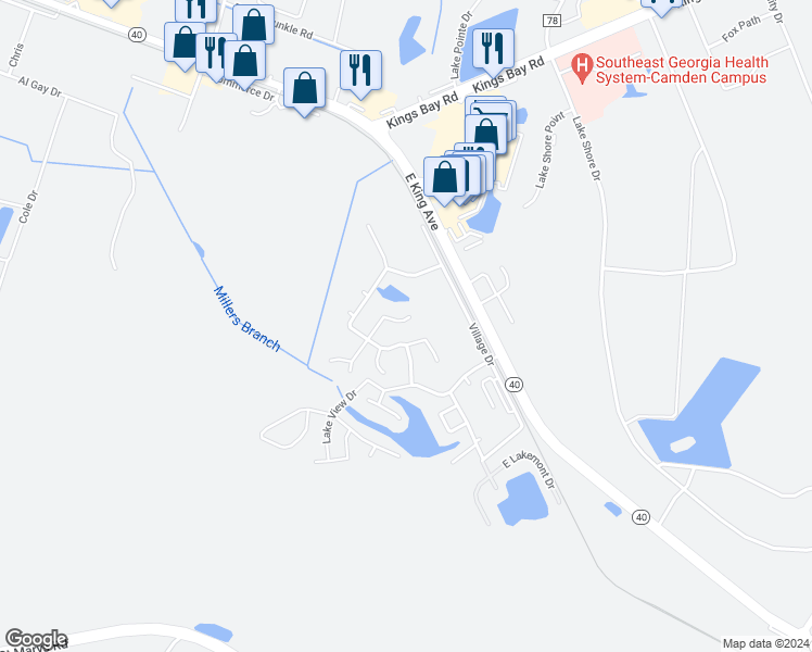 map of restaurants, bars, coffee shops, grocery stores, and more near 117 Woodridge Court North in Kingsland