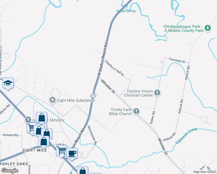 map of restaurants, bars, coffee shops, grocery stores, and more near 4648 Whistler Street in Prichard