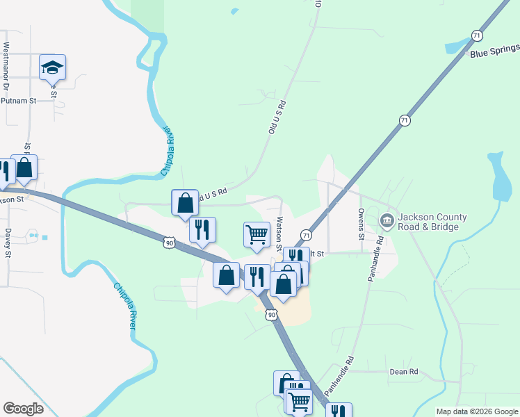 map of restaurants, bars, coffee shops, grocery stores, and more near 4701 Watson Street in Marianna