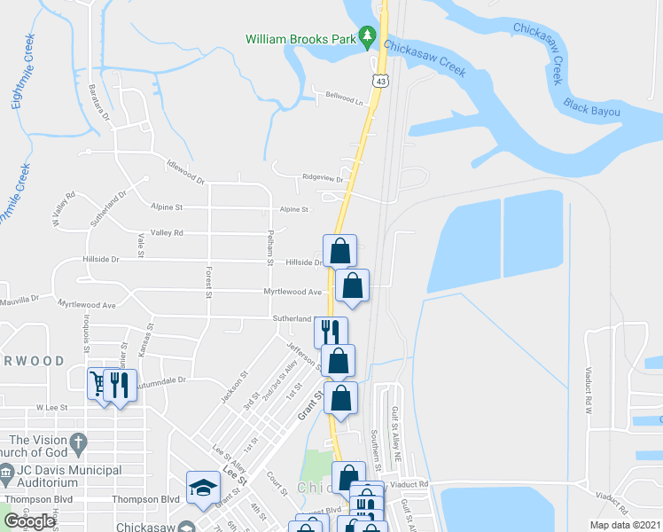 map of restaurants, bars, coffee shops, grocery stores, and more near 453 North Craft Highway in Chickasaw