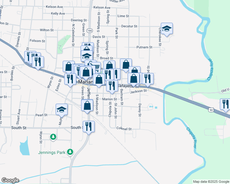 map of restaurants, bars, coffee shops, grocery stores, and more near 4476 Jackson Street in Marianna