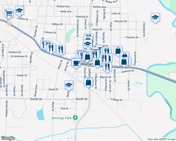 map of restaurants, bars, coffee shops, grocery stores, and more near 2867 Jefferson Street in Marianna