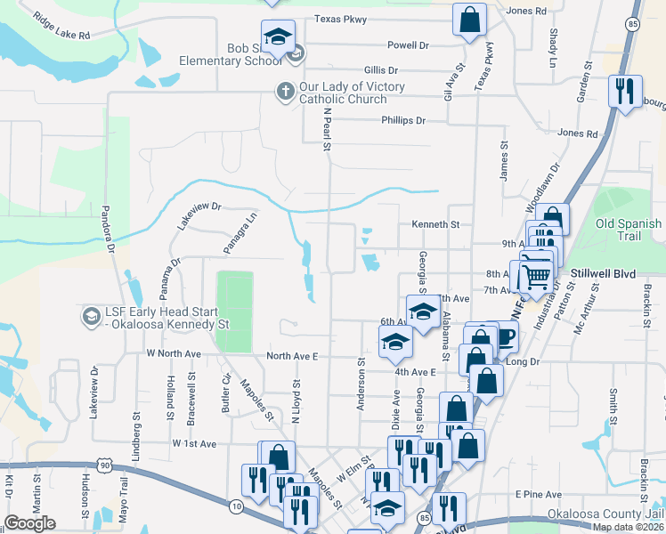 map of restaurants, bars, coffee shops, grocery stores, and more near 997 Anderson Street in Crestview