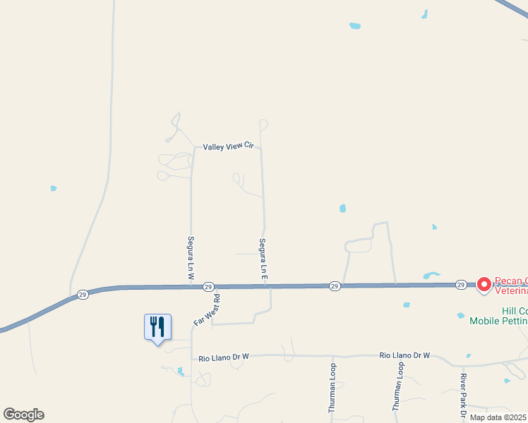 map of restaurants, bars, coffee shops, grocery stores, and more near Segura Lane East in Llano County