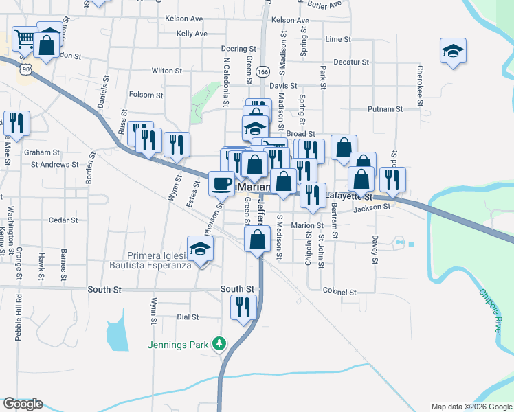 map of restaurants, bars, coffee shops, grocery stores, and more near in Marianna