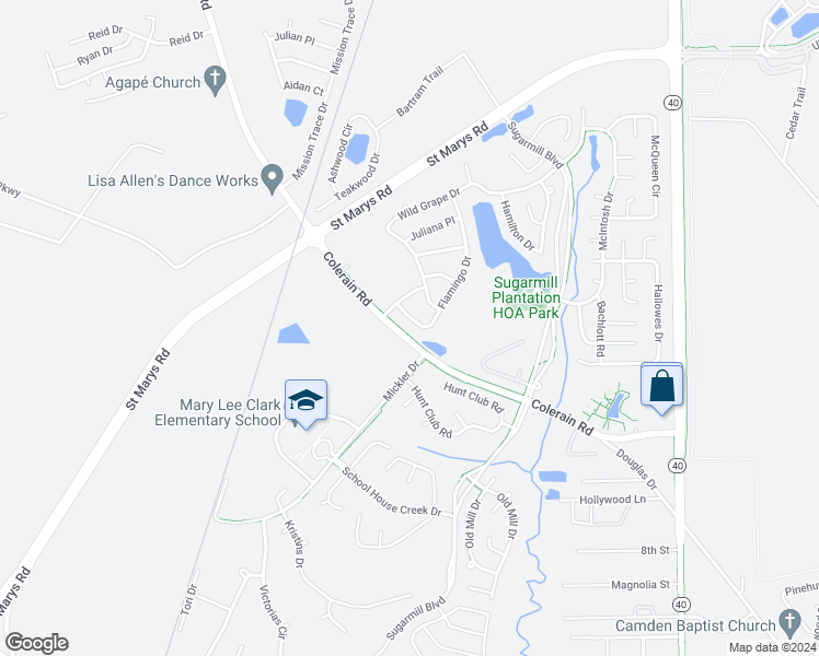 map of restaurants, bars, coffee shops, grocery stores, and more near 106 Flamingo Drive in Saint Marys
