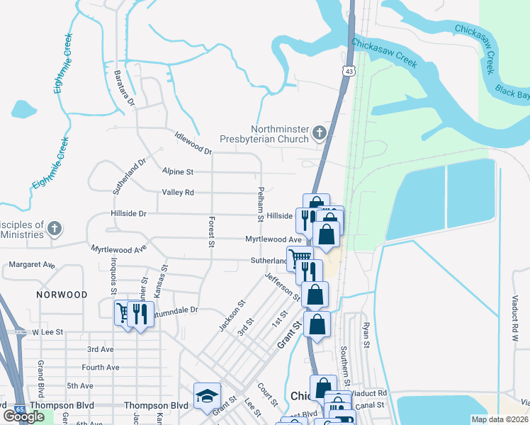 map of restaurants, bars, coffee shops, grocery stores, and more near 116 Hillside Drive in Chickasaw