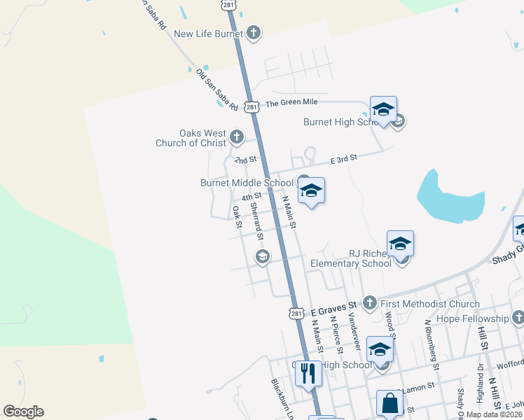 map of restaurants, bars, coffee shops, grocery stores, and more near 207 4th Street in Burnet