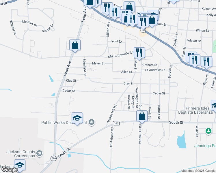map of restaurants, bars, coffee shops, grocery stores, and more near 4198 Clay Street in Marianna