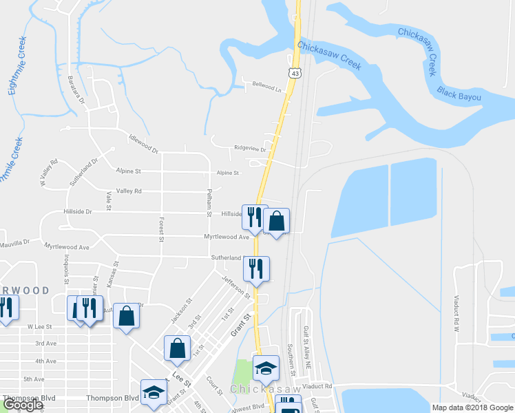map of restaurants, bars, coffee shops, grocery stores, and more near 459 North Craft Highway in Chickasaw