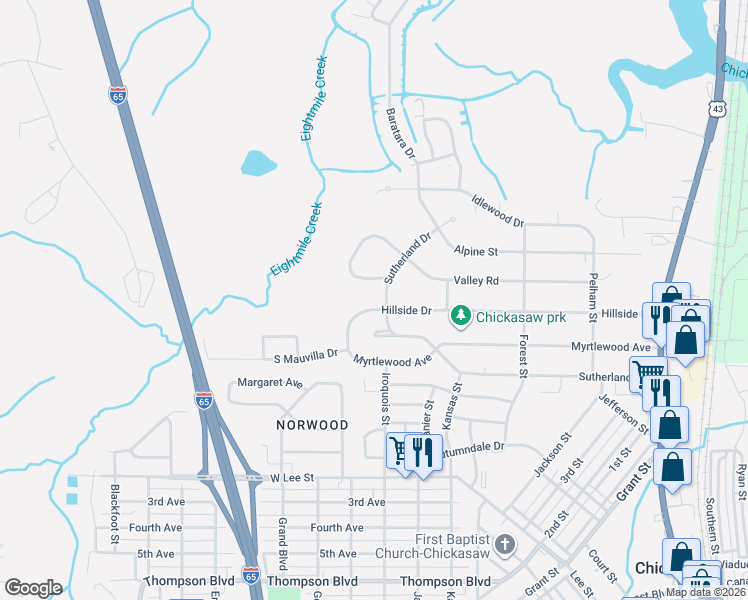 map of restaurants, bars, coffee shops, grocery stores, and more near 540 Valley Road in Chickasaw