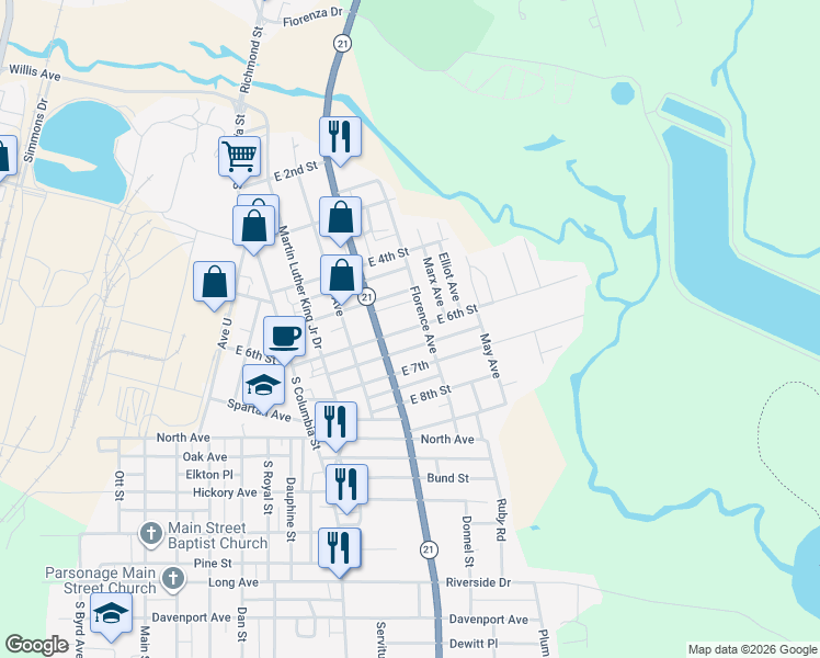 map of restaurants, bars, coffee shops, grocery stores, and more near 841 East 6th Street in Bogalusa