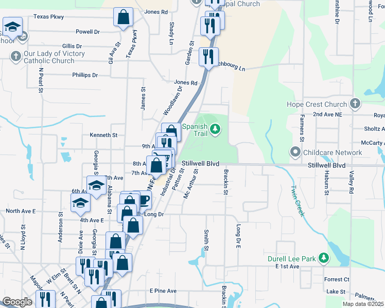 map of restaurants, bars, coffee shops, grocery stores, and more near 201 Stillwell Boulevard in Crestview