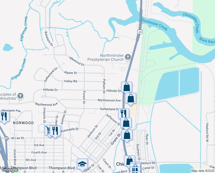 map of restaurants, bars, coffee shops, grocery stores, and more near 108 Hillside Dr in Chickasaw