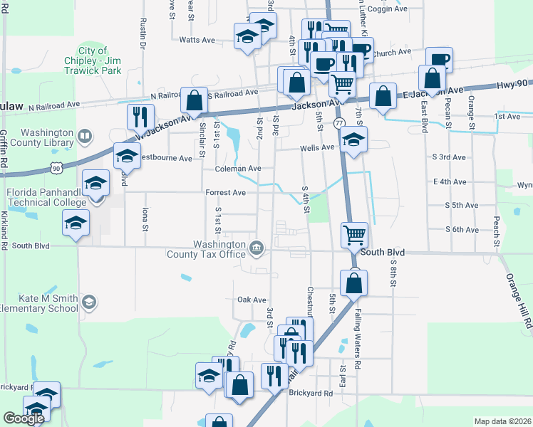 map of restaurants, bars, coffee shops, grocery stores, and more near 769 3rd Street in Chipley
