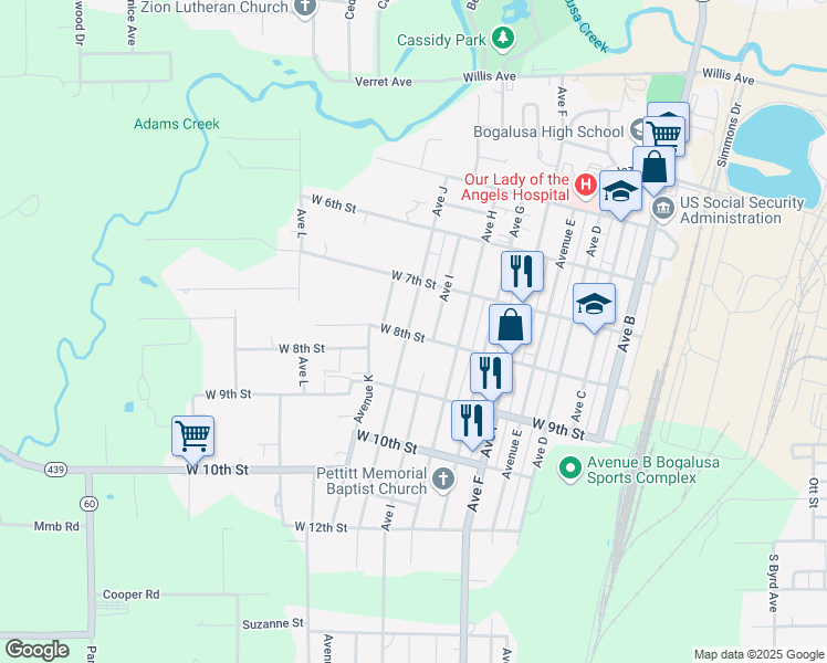 map of restaurants, bars, coffee shops, grocery stores, and more near 732 Avenue J in Bogalusa